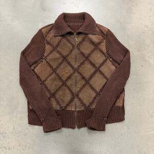 Vintage White Stag Suede Patchwork Zip Jacket Brown Knit – Women’s M